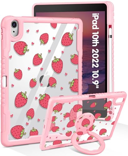 SurgeCraft Custodia per iPad di 10a generazione/A16 di 11a generazione - Donne e ragazze carine fragole kawaii con portapenne e supporto cover trasparente custodia rigida protettiva per iPad 11a 11