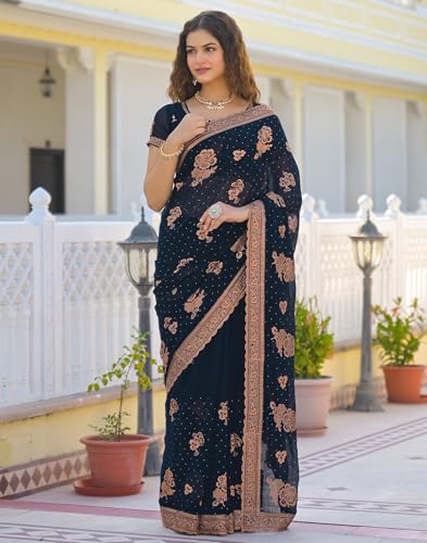 Image of SIRIL Women's Georgette Embroidery Saree With Unstitched Blouse