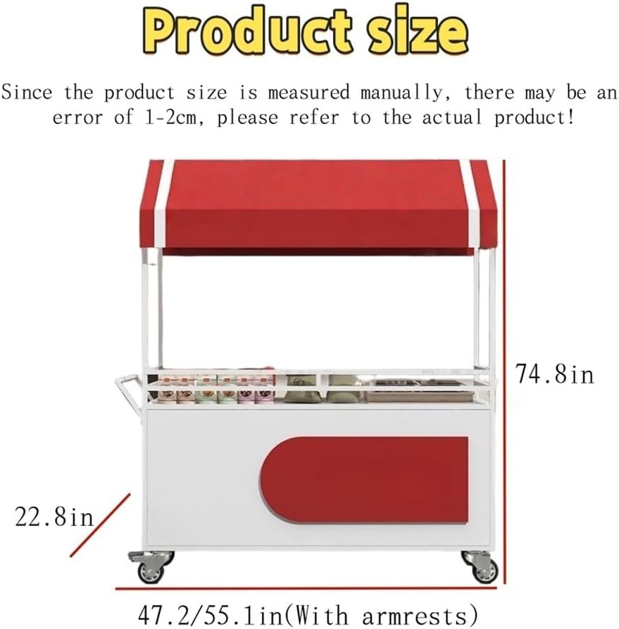 Outdoor Vendor cart, Creative Iron Market Stall with Sunshade Canopy and Storage Box, Creative Iron Market Stall with and Storage Box for Market, Street Food & Events(Red,55.1x74.8in)