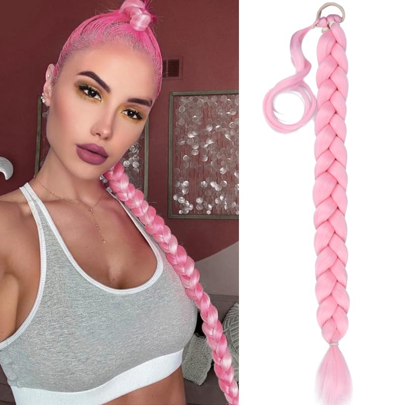 Gledola Long Braided Ponytail Extension 30 Inch Pre stretched Braiding Hair Extensions DIY Braid Ponytail Synthetic Hair Piece (Pink