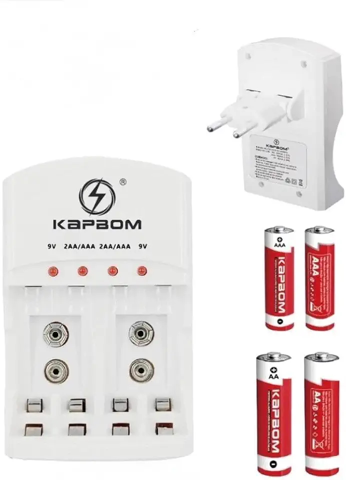 Carregador de baterias padrão AA/AAA e 9V para recarregáveis, com display digital de tensão/capacidade, para casa e escritório.