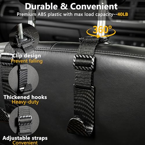 Image of Amooca 4 Pack Anti-drop Headrest Hooks Adjustable Car Seat Organizer | Universal Fit, Hanger for Backpack Umbrella Water Bottle Coat Purses Handbags Groceries, 40lb Heavy Duty, Black Carbon Fiber