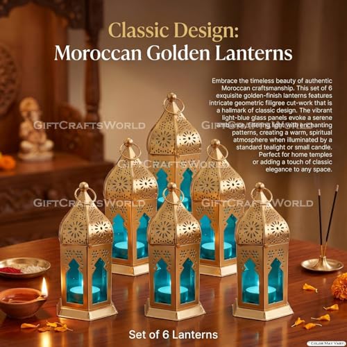 Image of Moroccan Lanterns & Candle Holders for Home Decor - Unique Diwali & Christmas Gifts (Blue, Set of 6)