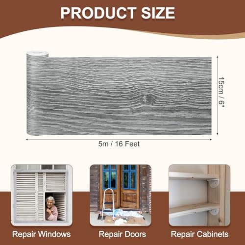 Image of MECCANIXITY Wood Grain Repair Tape, 6 Inch x 16 Feet Self Adhesive Wood Grain Tape Multi-Purpose Wallpaper Border Trim for Furniture Floors Windows Doors Tables Home, Gray