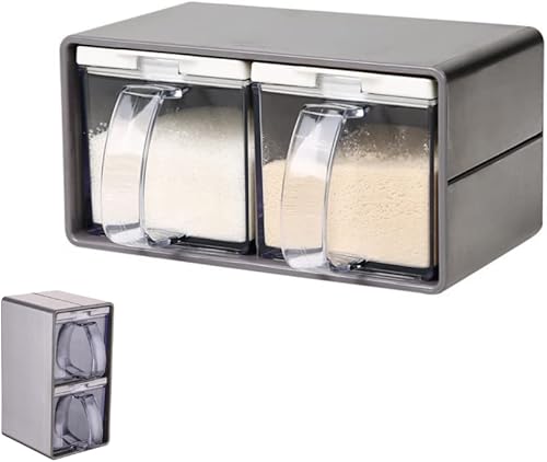 Miniatura 10 de Recipiente de sal con tapa y cuchara, estante transparente para condimentos, macetas de especias, caja de condimentos de 3 piezas para el hogar,