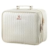 Faquenc Makeup Bag with LED Lighted Mirror 12.2 IN Cosmetic Train Case Double Layer Makeup Case Adjustable Brightness in 3 Colors Cosmetic Organizer Artist Storage with Brush Holder Vanity Beige