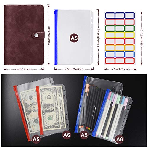 A5 Leather Binder Cover with Plastic Pockets, 6 Ring Soft Refillable Notebook Binder, 12 Colored Clear Zipper Envelopes for Budget, Scrapbook, Dies, Knitting Needle and Planner Accessories