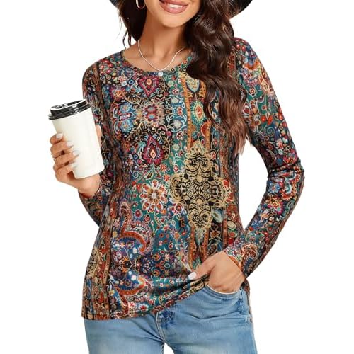 Long Sleeve Shirts for Women Basic Crew Neck Fall Tops Casual Fit T Shirts, Boho Multi, S