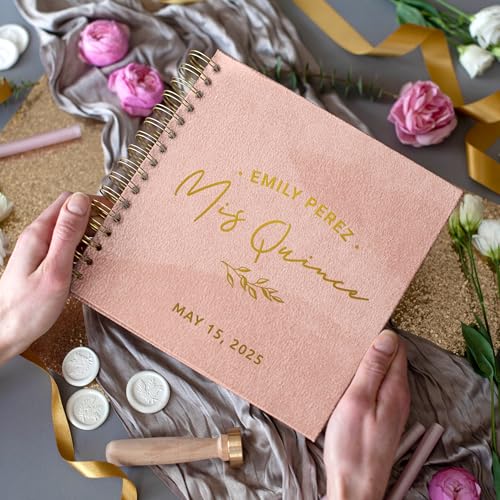 Image of Personalized Quinceanera Guest Book Photo Album - Pink Scrapbook for Sweet 15 or Sweet 16 with Polaroid Instax Corners - Holds 4x6 or 5x7 Pictures - Custom Hardcover Keepsake (Pink, Small - 8.3x8.3)