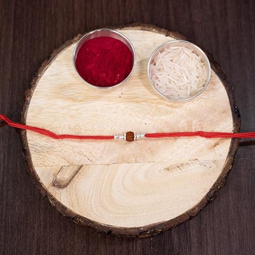 Image of Prabhuji Jewellers 925 Sterling Silver Rudraksha Rakhi | Silver Rakhi for Brother with Floral Caps & Beads | Raksha Bandhan Gift Pack with Roli Chawal & Blessings Card