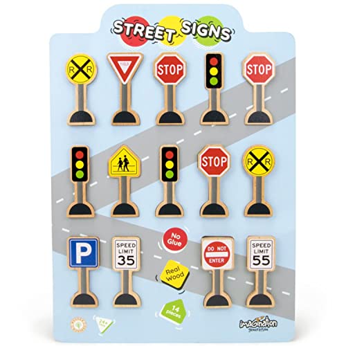 Wooden Street Signs For Train Sets, 14 Pc - Educational Playset Pieces For Kids, Boys, & Girls - Track Accessories For Tabletop Railroads, Car Mats, Blocks, Sand Boxes, & Indoor/Outdoor Pretend Play #TOP6