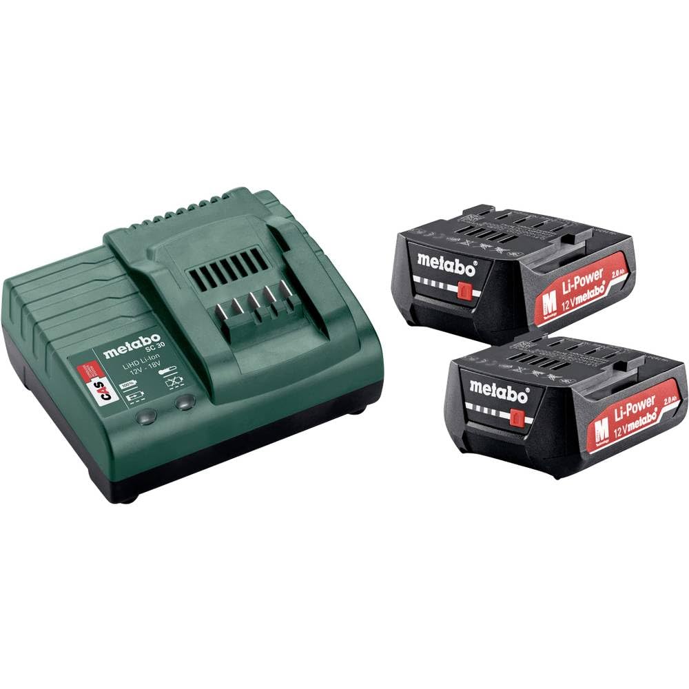 Metabo 685300000 Battery Base Set (2 Batteries 2.0 Ah, Charger SC 30, 12 V, Li-Ion Tool Batteries, Replacement Batteries for Power Tools)