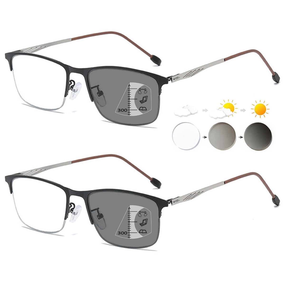 KOOSUFA Selbsttönende Gleitsicht Lesebrille Gleitsichtbrille Progressive Multifokus Herren Damen Metall Halbrahmen Anti-Blaulicht Lesehilfe Photochrome mit UV-Schutz 1.0 1.5 2.0 2.5 3.0 3.5 4.0