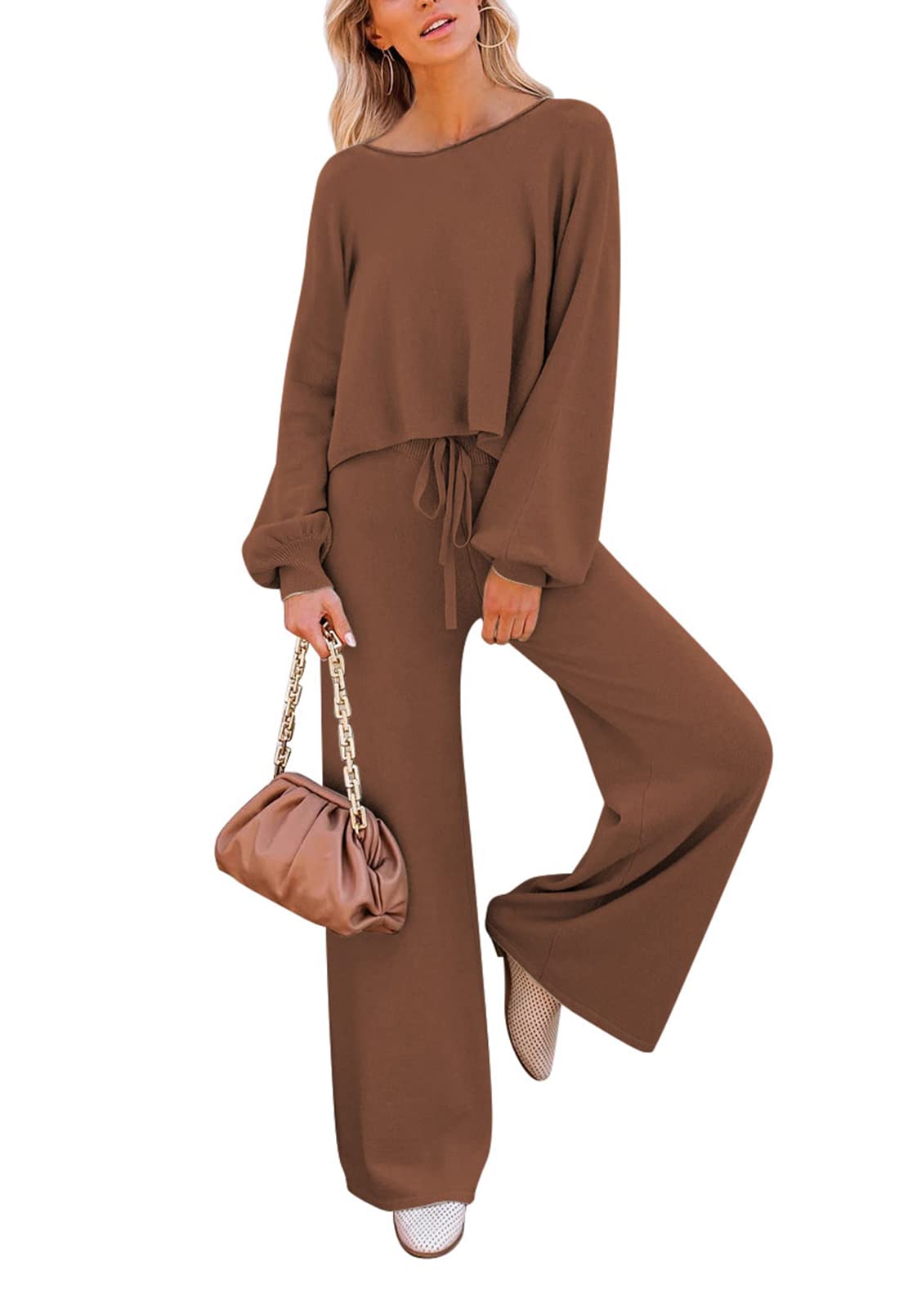 MeenewWomen's 2 Piece Sweatsuits Long Sleeve Knit Sweater Wide Leg Pants Outfits Loungewear Set
