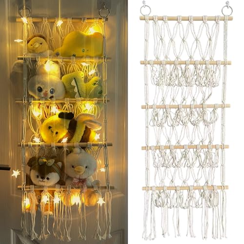 maytopia Stuffed Animal Storage Hammock or Net with LED Light, Stuffed Animals Corner Over the Door Toy Organizer, Hanging Wall Stuffed Animal Holder for Closet, Nursery, Bedroom Home Decor