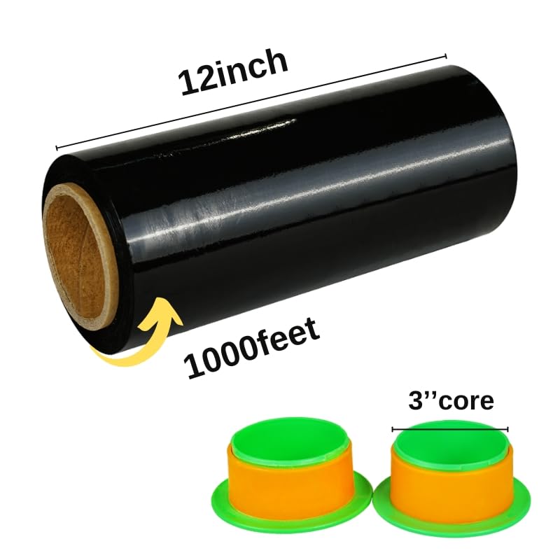 Image of CHUANGSEED Black Stretch Film 12'' x 1000 Feet 4-Pack 80 Gauge Industrial Strength Shrink Film with Plastic Handle,Durable Self-Adhesive Plastic Wrapping for Moving,Shipping