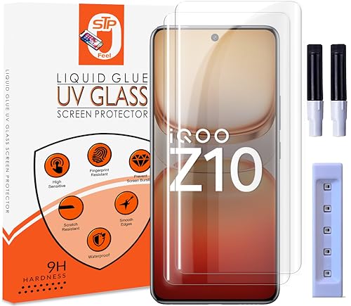 Image of STP FEEL Premium UV Tempered Glass Screen Protector Guard Compatible For IQOO Z10 5G (6.77 Inch, Pack of 2) Full Adhesive UV Curved Case Friendly HD Clarity with easy installation kit for Smartphone