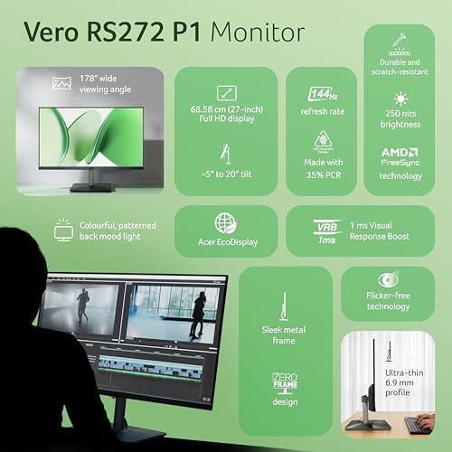 acer RS272 P1 27 Inch IPS FHD Monitor | 144Hz Refresh | 1ms VRB | AMD FreeSync | Ultra Slim 6.9mm ZeroFrame Design | HDMI + VGA | 99% sRGB | Dual Glass Design | Built-in Speakers | Tilt Adjustable view 2