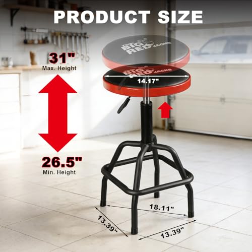 Image of Big RED Pneumatic Shop Stool, Adjustable Height Garage Bar Stool, 300-Pound Capacity Heavy Duty Steel Frame, Perfect for Home, Bar, Garage and Shop, Black&Red