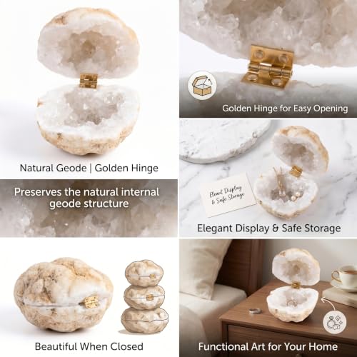 Boîte à bagues en géode d'agate blanche naturelle avec charnière dorée