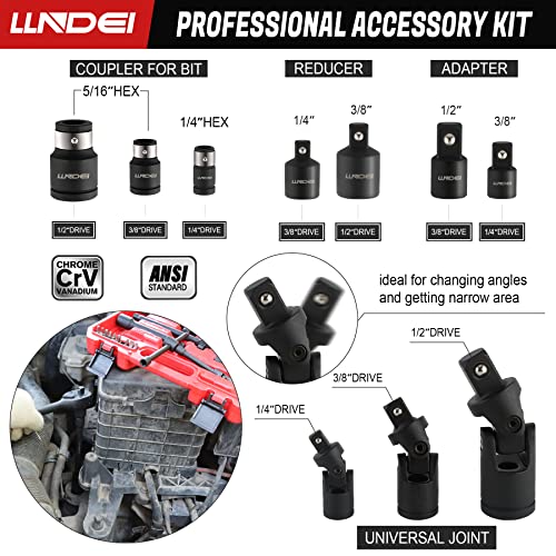 Llndei 43Pcs Drive Tool Socket Accessory Set 1/4 3/8 1/2-Inch, 3/8 1/2-Inch Dual Head 72-Tooth 2 Way Ratchet Handle|Socket Adapters|Extensions|Universal Joints|Impact Coupler, Cr-V Steel (Black) #TOP4