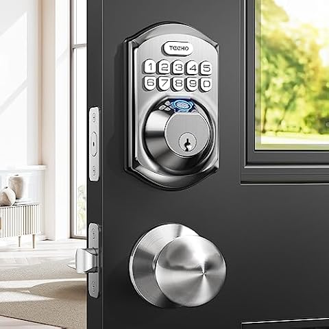 TEEHO TE002K Keyless Fingerprint Deadbolt Door Lock - Smart Lock with Handle and Keypad - Satin Nickel Cover