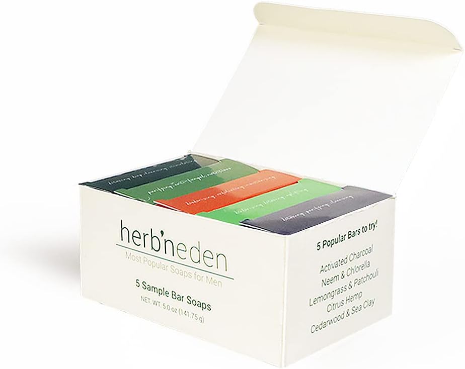 Herb’N Eden Pack of 5 Soaps for Men | 100% Natural Ingredients | Essential Oils | Dry, Sensitive, Oily, Mature, Combo, Normal, Eczema, Psoriasis Skin | Face and Body | 1oz Bar Samples