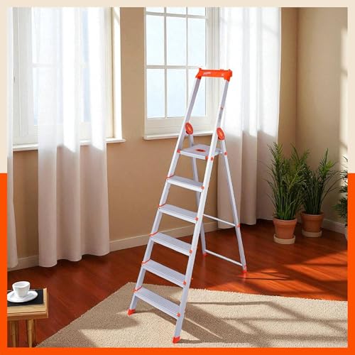 Image of Bathla Elevate 6-Step Foldable Aluminium Ladder for Home with Tool Tray | Anti-Skid | Durable, Heavy Duty, Safe & Stylish | 5-Year Warranty | Orange