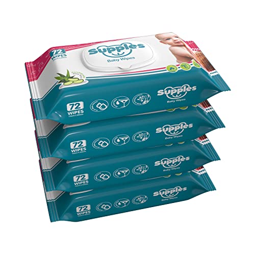 Image of Amazon Brand - Supples Baby Wet Wipes with Lid | 288 Wipes | 72 Wipes x 4 Packs | Enriched With Aloe Vera and Vitamin E | Alcohol-Free and Paraben-Free | Pure Water-Based formulation