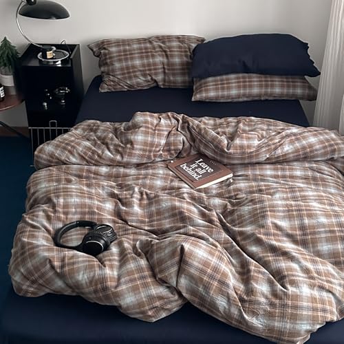 Image of VM VOUGEMARKET Retro Preppy Brown & Blue Gingham Bedding Set Washed Cotton Duvet Cover King Size,Casual Soft Breathable Plaid Tartan Bedding for All Aesthetic Bedrooms