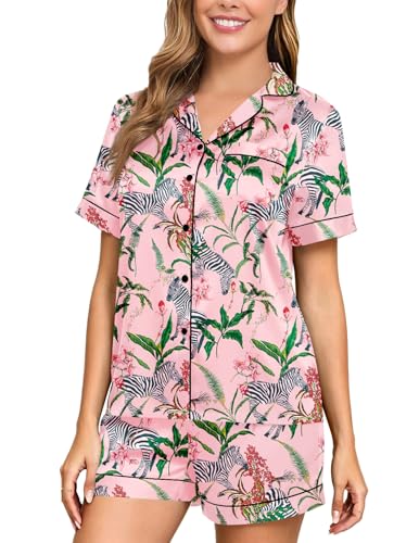 Image of Veseacky Women Satin Pajamas Set 2 Piece Button Down Short Sleeve Soft Sleepwear with Pockets