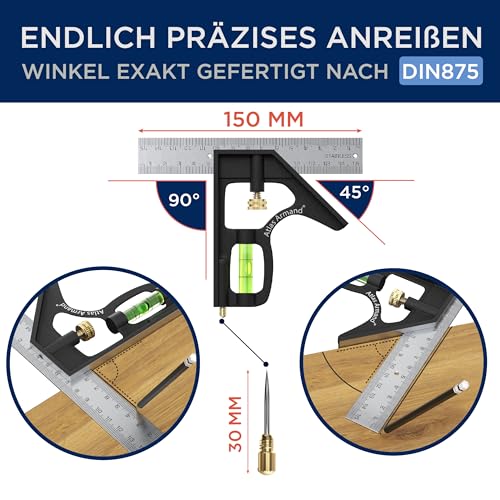 Atlas Armand® Kombinationswinkel 150mm + Einzigartige Lochreihe für Streichmaß - Präziser Universal Anschlagwinkel aus Metall - Kombiwinkel mit Linealanschlag und Anreisswerkzeug - Profi Messwerkzeug