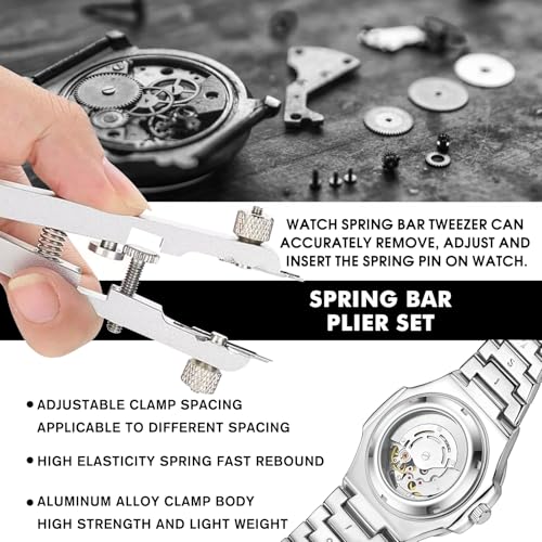 Image of Watch Spring Plier Tool Kit Watch Band Pliers with 10 Tips Pin Bar Tweezers Tool for Disassembling and Replacing Watch Wristbands (Silver)