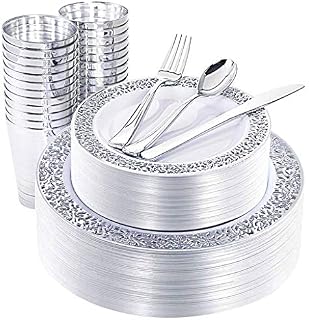 NERVURE 150 Piece Silver Lace Plastic Plates & Silver Plastic Silverware, Service