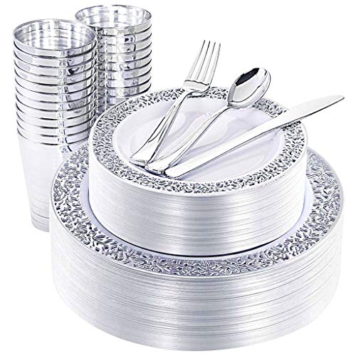 NERVURE Plastic Plates with Silverware (Silver)