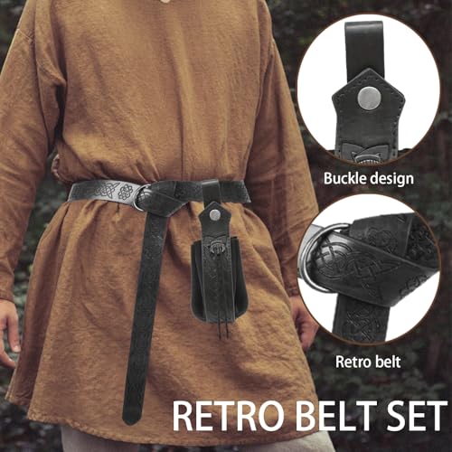CWENDANER Mittelalterliches Gürtelset 5 Renaissance Accessoires Beinhaltet Gürtel, Schwertscheide, Handgelenkschützer und Gürteltasche Für LARP, Rollenspiele und Wikinger Reenactment (schwarz)