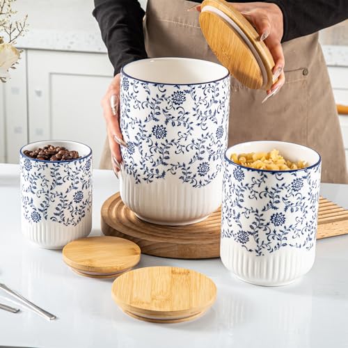Cerkik Blue Floral Ceramic Kitchen Canisters Set