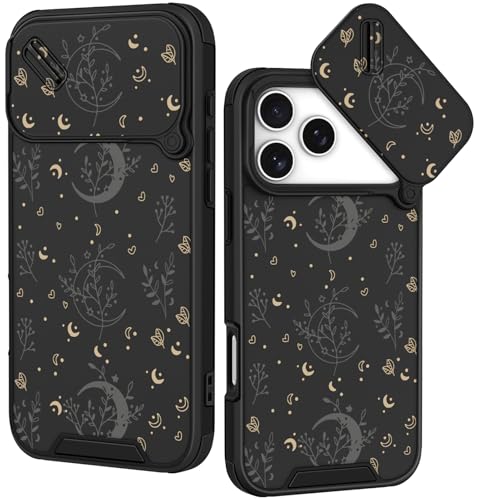 Goocrux for for iPhone 17 Pro/18 Pro Case - Women Cute Phone Cover Girly Pretty Fancy Unique Aesthetic Design Slide Camera Cover Protective Case for Apple, Black Moon Stars