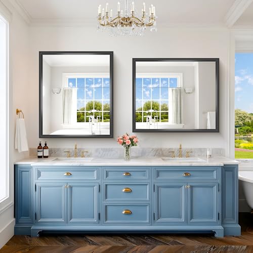 Image of Bathroom Mirror, 42 x 36 Inch Brushed Black Rectangle Mirror, 0.6 inch Thickened Deep Frame Mirrors for Wall Over Sink, Shatterproof Tempered Glass, Antirust, Horizontally or Vertically