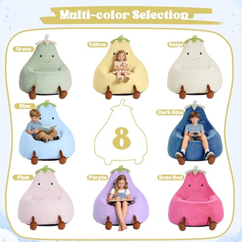 Image of 24 Inches Memory Foam Bean Bag Chair - Ultra Soft Faux Rabbit Fur Round Sofa with Handle & Machine Washable Cover, Eggplant-Shaped Kids Reading Chair for Bedroom, Living Room and Playroom, Beige