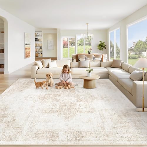 VECARF Area Rug 8x10 Washable Rug, Vintage Boho Medallion Rugs Non-Slip Soft Low Pile Large Distressed Rug Indoor Retro Carpet for Living Room Bedroom Dining Room Office Children's Room(Beige, 8'x10')