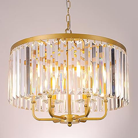 Wellmet Antik-Gold Kristall Kronleuchter Pendelleuchte Esstisch Modern Deckenleuchte 6-Licht Ø52cm Kerze Kristallleuchter Rund Hängeleuchte Deckenlampe Beleuchtung Wohnzimmer Küche Treppenhaus Cover