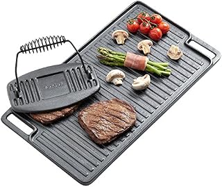 VonShef Black Pre-Seasoned Cast Iron Reversible Griddle Plate & Meat/Bacon Press18 x 10