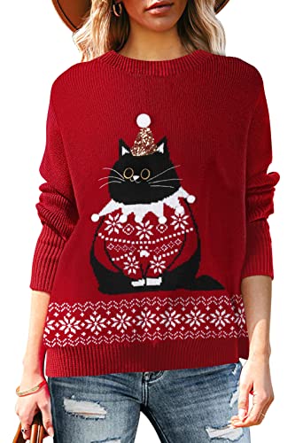 Pink Queen Women's Ugly Christmas Santa Snowflake Cat Print Knitted Winter Pullover Sweater Jumper Top Dark Red L