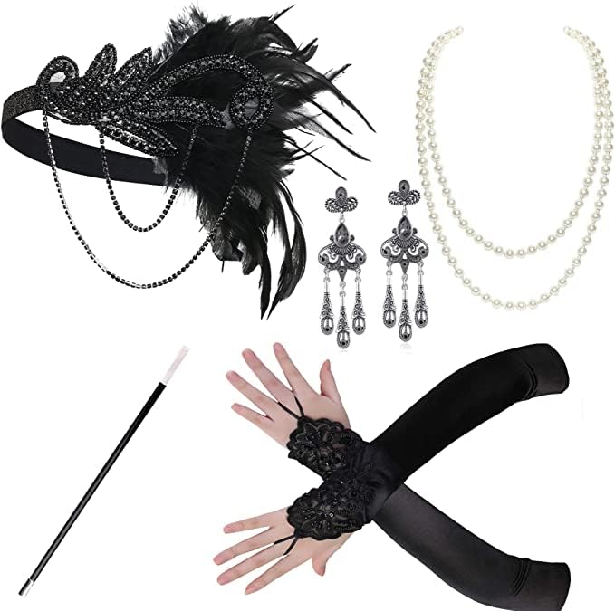 Image of 868A - Plus Size 1920s Vintage Fringed Gatsby Sequin Cold Shoulder Tassels Flapper Party Cocktail Dress with Accessories