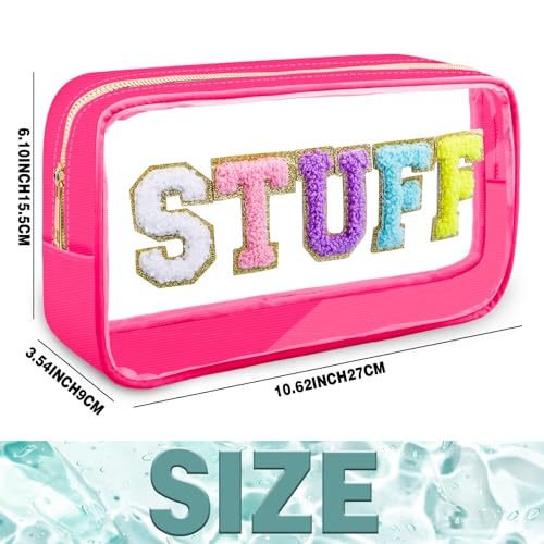 Preppy Patch STUFF Makeup Bag Chenille Letter Cosmetic Bag for Women, Transparent PVC Zipper Patch Bags Organizer Waterproof Portable Travel Makeup Bag for Women Girls Teens (Pink)2