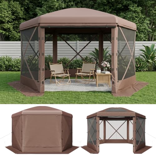 Breezestival 10x10 ft Pop-Up Canopy Tent, 6-Sided Gazebo with Detachable Top, Portable Camping Shelter with Mesh Windows, Pop up Screen House for Outdoor Patio, Backyard, Lawn - Brown