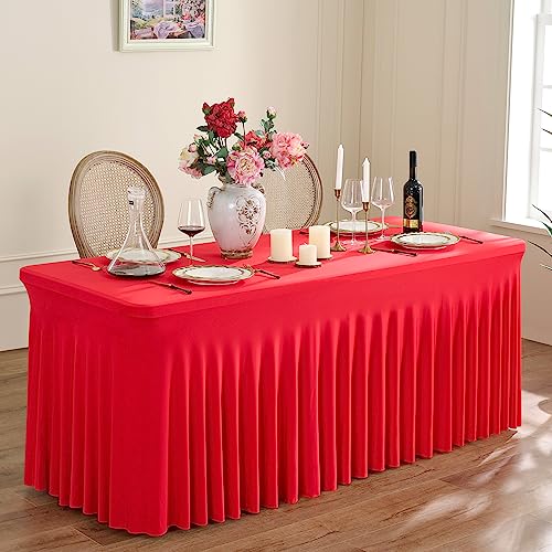 Image of 2 Pack Red Spandex Tablecloths for 6 Foot Rectangle Tables, Wrinkle Free 6ft Fitted Table Cloth Stretchy Table Clothes with Skirt for Parties Weddings Birthday Banquet Baby Shower