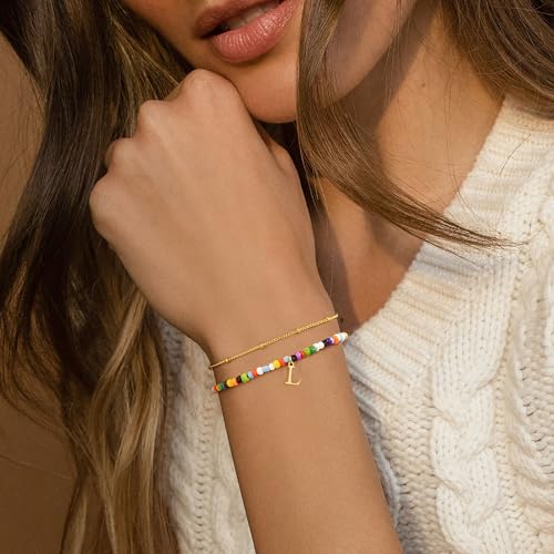 Turandoss Colorful Beaded Bracelets - Initial Bracelet for Women Girls, Dainty 18K Gold Plated Initial Bracelet Boho Beaded Bracelets for Women Teen Girl Gifts Birthday Gifts for Her2