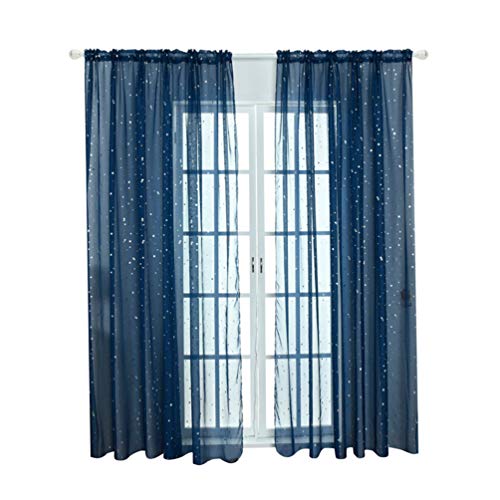 Veemoon Voile Fenêtre Rideau Romantique Argent Étoile Feuille Traitement de Fenêtre Paillettes Étoiles Rideaux Panneau pour Fille Enfants Chambre Salon- 100 * 270 Cm (Marine)